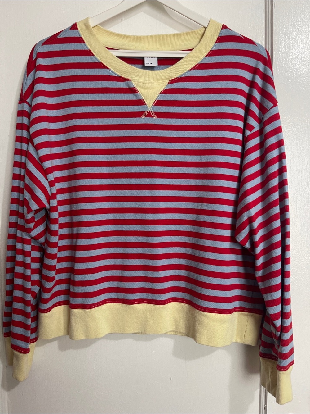 Aritzia TNA Red and Light Blue Striped Crewneck with Cream Trim